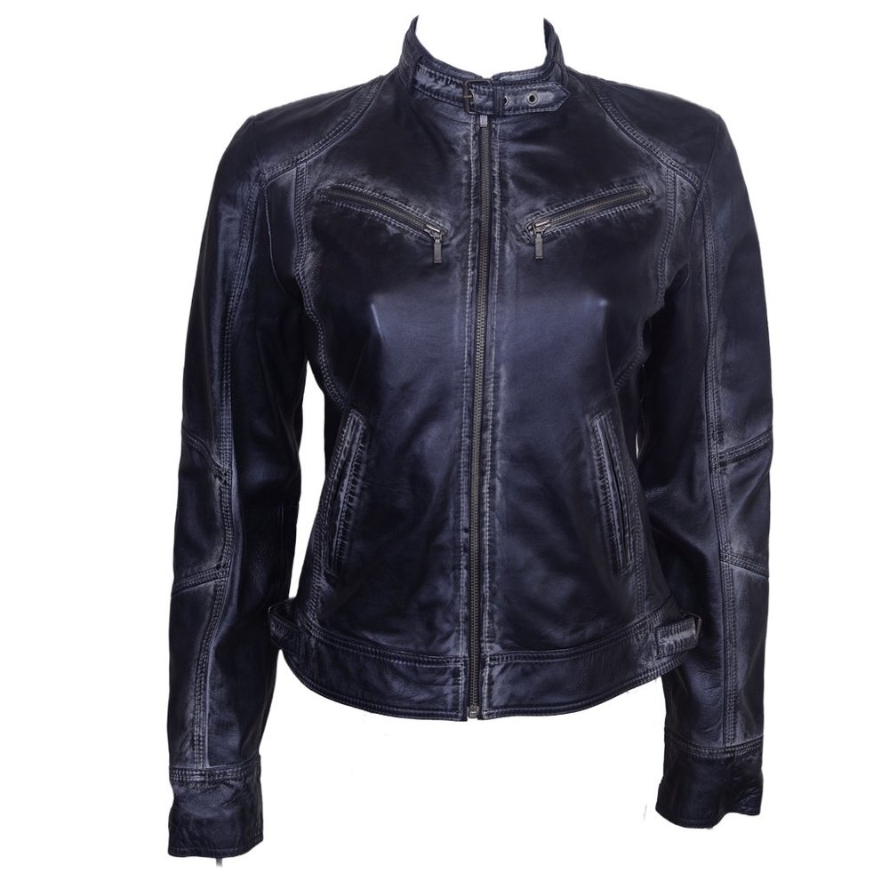 WOMEN'S BLUE BIKER LEATHER MOTORCYCLE JACKET